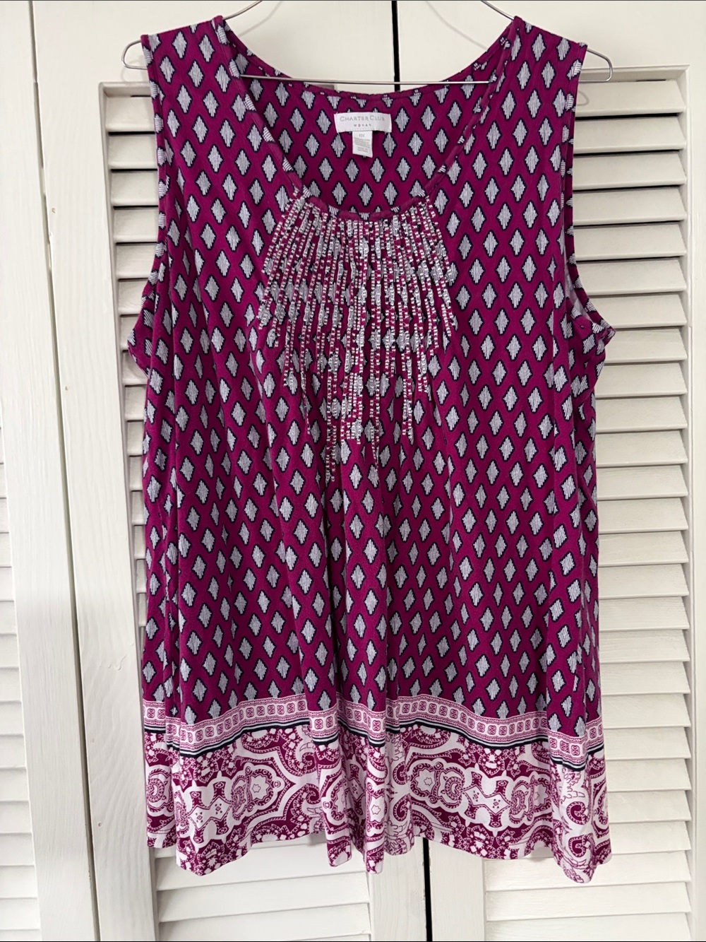 Charter Club Magenta Diamond Print Sleeveless Tank with Paisley Hem